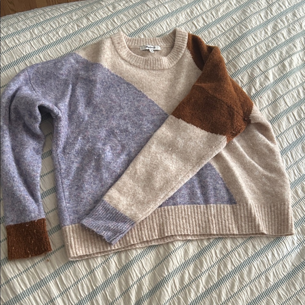 Madewell Colorblock Crew Neck Sweater in Cream, Brown, and Purple
